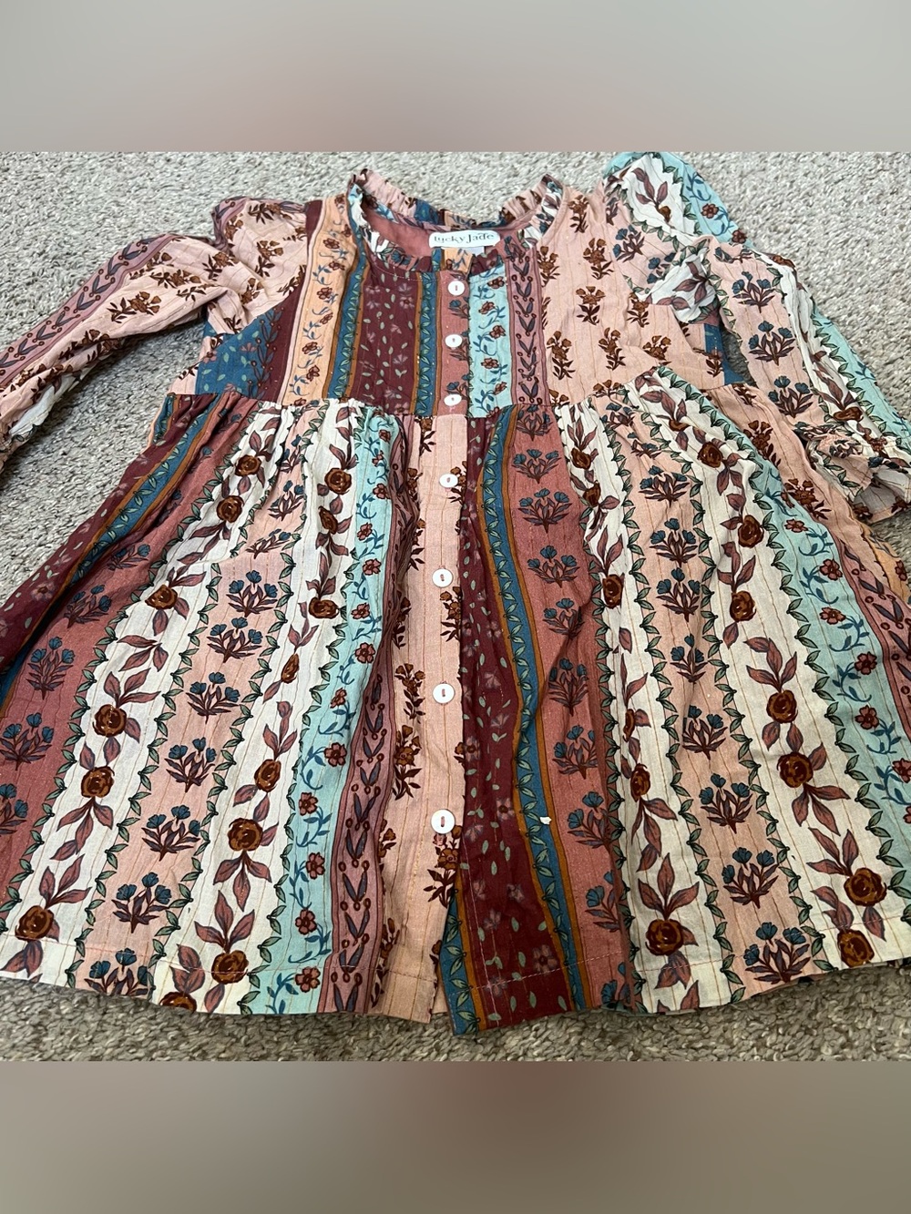 Lucky Jade Cotton Pink and Teal Floral Ruffle Tunic Size 8